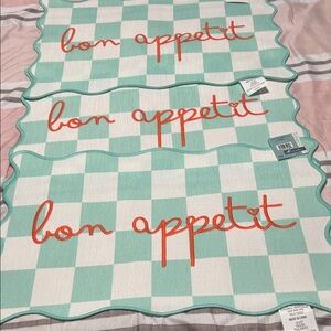 Checkered  Set of 3 Placemats with 'Bon Appétit' Text NWT